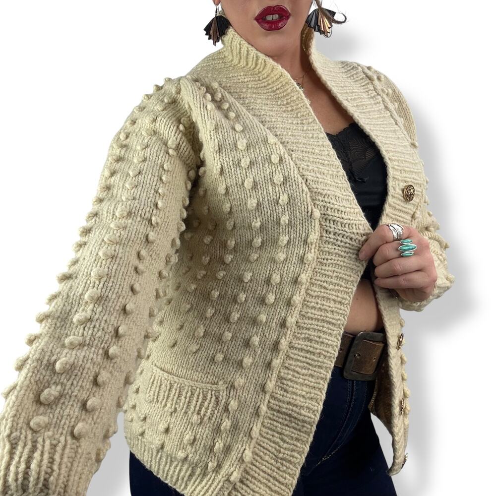 1970's cream pure natural Portuguese wool hand knit open cardigan - Picture 12 of 16
